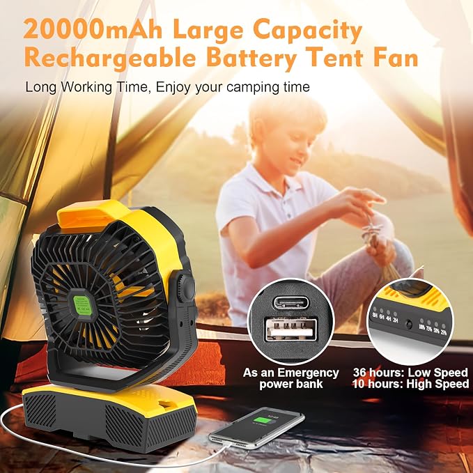 20000mAh Oscillation Camping Fan, Remote Control Rechargeable Battery Operated Outdoor Tent Fan w/Hanging Hook, Portable