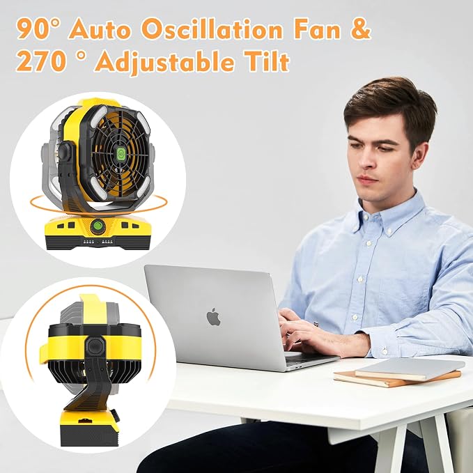 20000mAh Oscillation Camping Fan, Remote Control Rechargeable Battery Operated Outdoor Tent Fan w/Hanging Hook, Portable