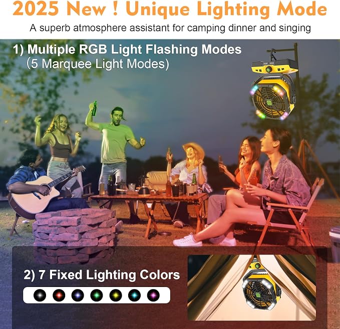 20000mAh Oscillation Camping Fan, Remote Control Rechargeable Battery Operated Outdoor Tent Fan w/Hanging Hook, Portable