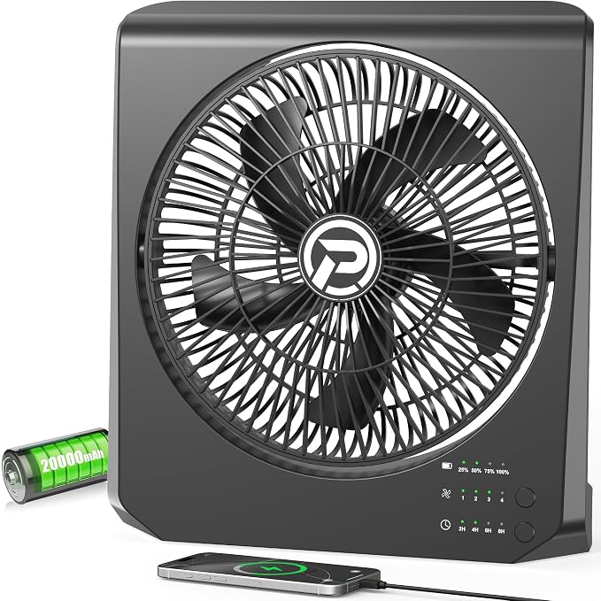 20000mAh Rechargeable Battery Powered Fan - 10" Square Box Fan with 55H Runtime, 4 Speeds & Timer, 270° Pivot, product image