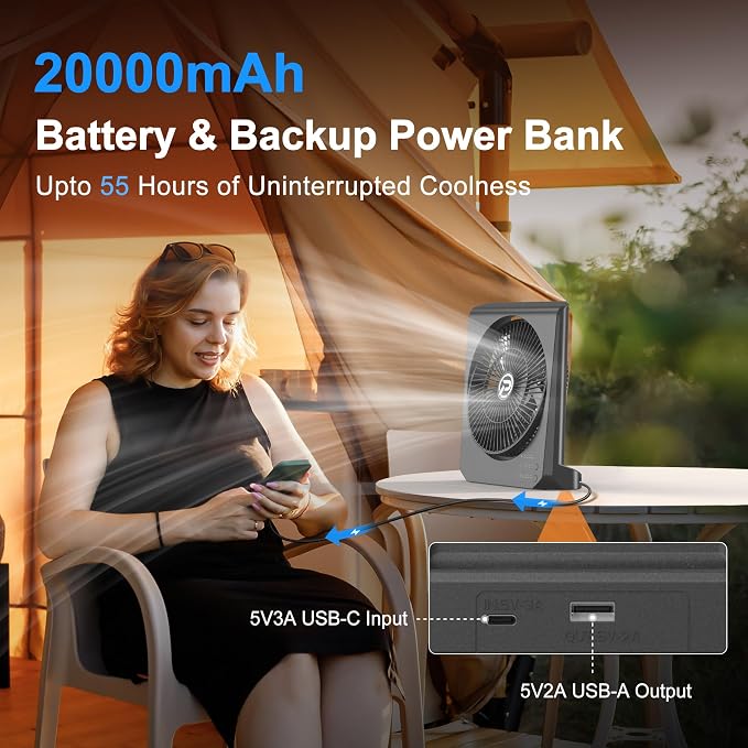 20000mAh Rechargeable Battery Powered Fan - 10" Square Box Fan with 55H Runtime, 4 Speeds & Timer, 270° Pivot, alternate