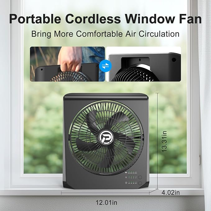 20000mAh Rechargeable Battery Powered Fan - 10" Square Box Fan with 55H Runtime, 4 Speeds & Timer, 270° Pivot, alternate