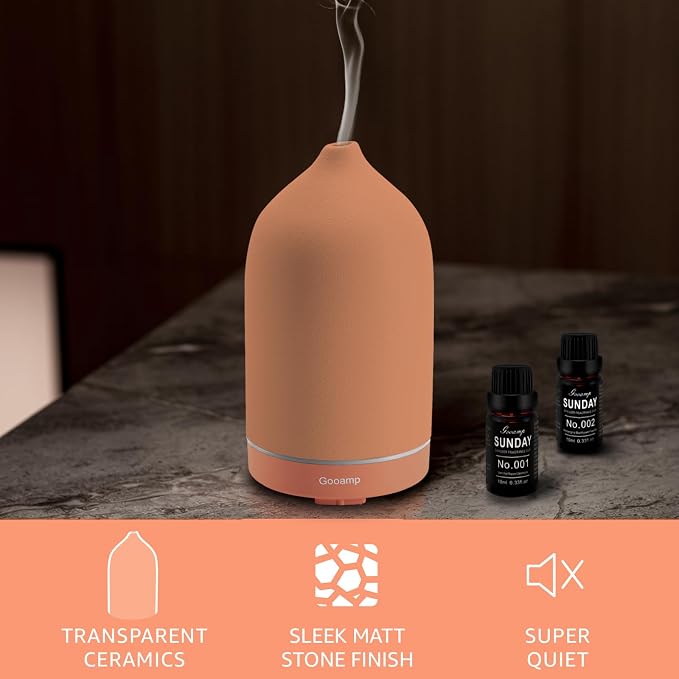 200ML Ceramic Essential Oil Diffuser - Ultrasonic Aromatherapy & Humidifier with 7-Color LED Lights, Auto Shut-Off, Brown