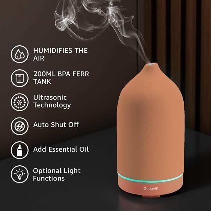 200ML Ceramic Essential Oil Diffuser - Ultrasonic Aromatherapy & Humidifier with 7-Color LED Lights, Auto Shut-Off, Brown