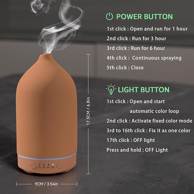 200ML Ceramic Essential Oil Diffuser - Ultrasonic Aromatherapy & Humidifier with 7-Color LED Lights, Auto Shut-Off, Brown