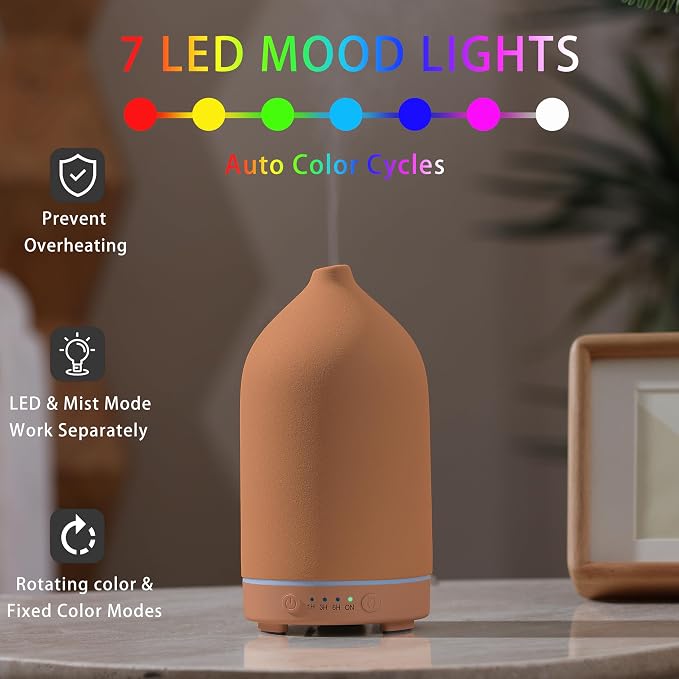 200ML Ceramic Essential Oil Diffuser - Ultrasonic Aromatherapy & Humidifier with 7-Color LED Lights, Auto Shut-Off, Brown