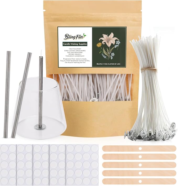 200pcs Natural Candle Wick kit,100pcs Wick Stickers with 5pcs Wick Holders and 2pcs Wick Placing Tube,for Soy Wax, Beeswax