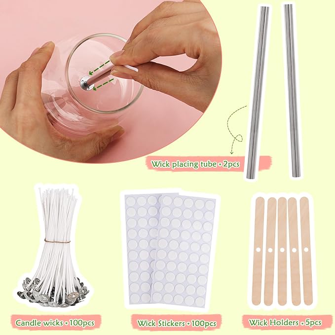 200pcs Natural Candle Wick kit,100pcs Wick Stickers with 5pcs Wick Holders and 2pcs Wick Placing Tube,for Soy Wax, Beeswax