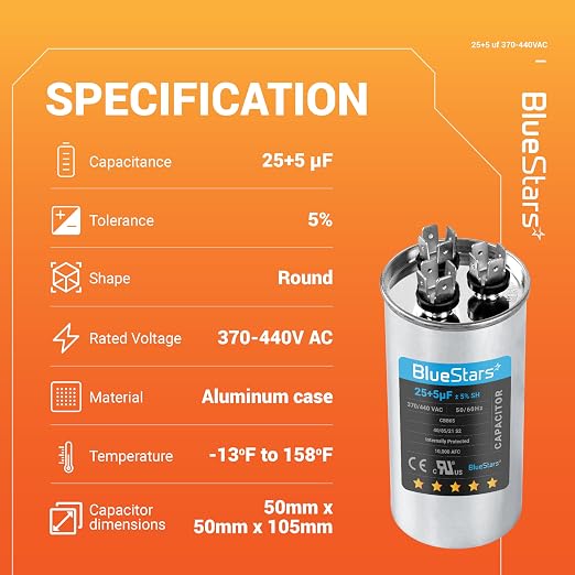 2025 Updated] 25/5 uF 25+5 MFD 370-440VAC Volts ±5% Dual Run Start Round Air Conditioner Capacitor CBB65 50/60 Hz for AC Unit