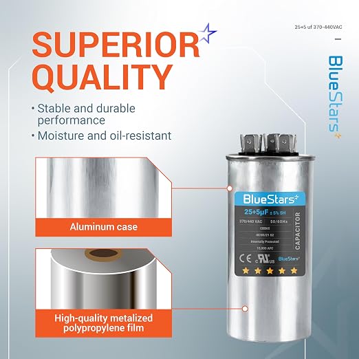 2025 Updated] 25/5 uF 25+5 MFD 370-440VAC Volts ±5% Dual Run Start Round Air Conditioner Capacitor CBB65 50/60 Hz for AC Unit