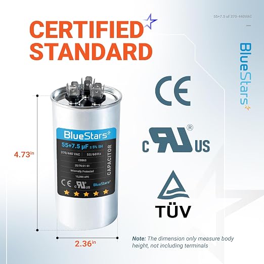 2025 Updated] 55+7.5 uF 55/7.5 MFD ±5% 370 or 440 Volt AC CBB65B Dual Run Round Capacitor - Fit Condenser, alternate view 2