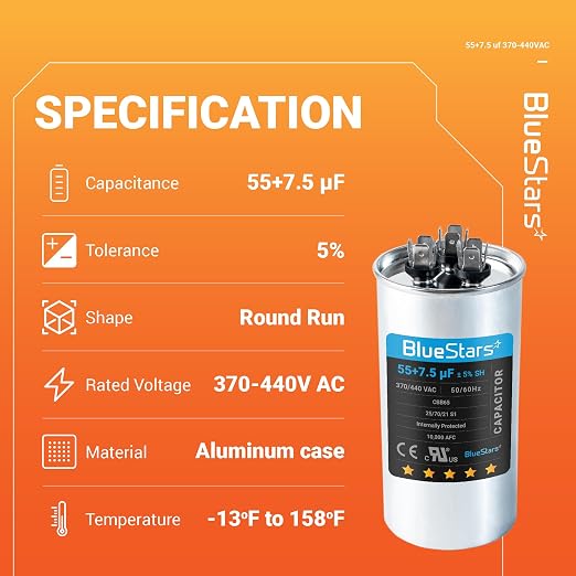 2025 Updated] 55+7.5 uF 55/7.5 MFD ±5% 370 or 440 Volt AC CBB65B Dual Run Round Capacitor - Fit Condenser, alternate view 3