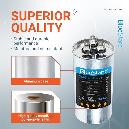 2025 Updated] 55+7.5 uF 55/7.5 MFD ±5% 370 or 440 Volt AC CBB65B Dual Run Round Capacitor - Fit Condenser, alternate view 5