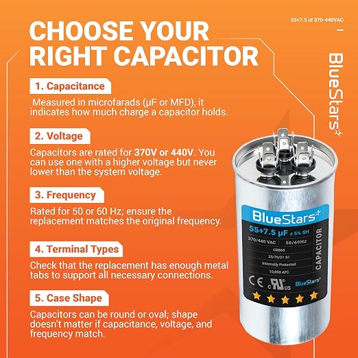 2025 Updated] 55+7.5 uF 55/7.5 MFD ±5% 370 or 440 Volt AC CBB65B Dual Run Round Capacitor - Fit Condenser, alternate view 6