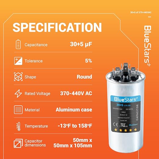 2025 Upgraded] 30+5 MFD 30/5 uF 370-440 Volt Volts Round Dual Run Capacitor CBB65 CBB65B Replacement Part - Air Conditioner