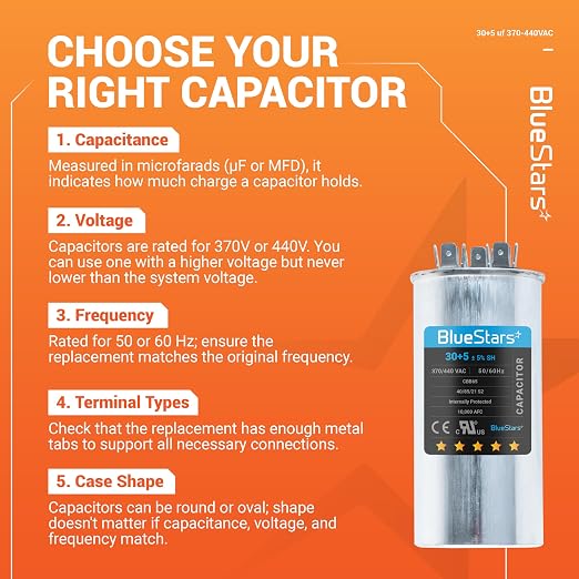 2025 Upgraded] 30+5 MFD 30/5 uF 370-440 Volt Volts Round Dual Run Capacitor CBB65 CBB65B Replacement Part - Air Conditioner