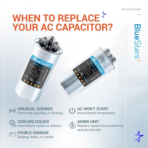2025 Upgraded] 30+5 MFD 30/5 uF 370-440 Volt Volts Round Dual Run Capacitor CBB65 CBB65B Replacement Part - Air Conditioner