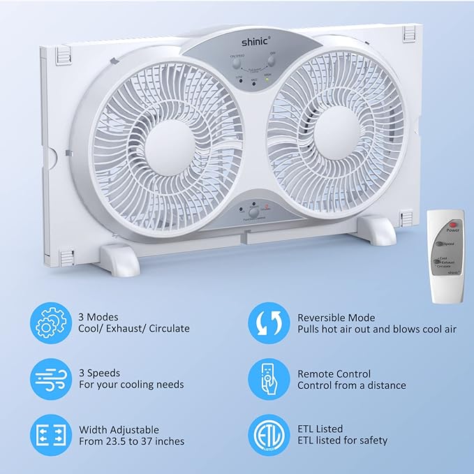 2026 9 Inch Twin Window Fan – Quiet, Reversible Airflow, 3 Speeds, Adjustable Width 23.5"-37", ETL Certified for