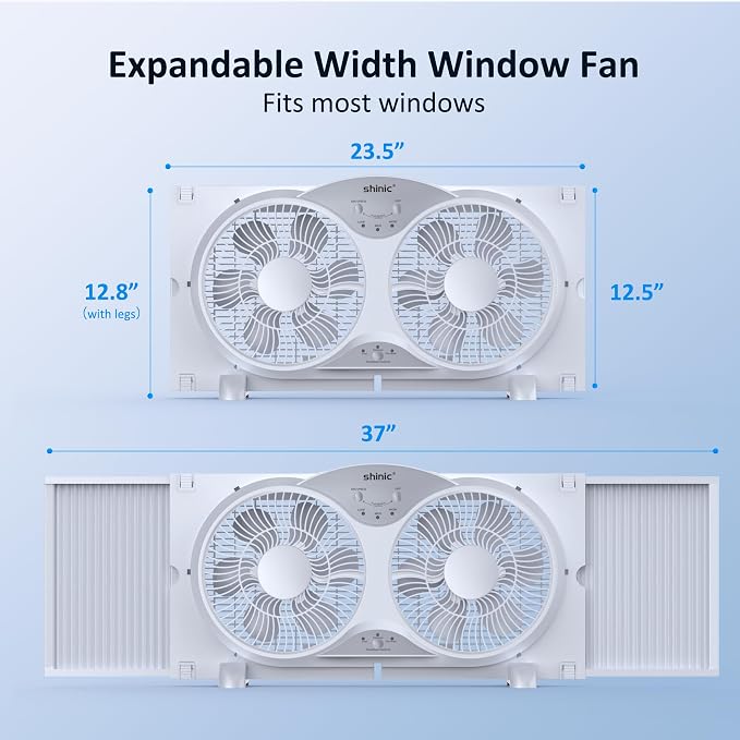 2026 9 Inch Twin Window Fan – Quiet, Reversible Airflow, 3 Speeds, Adjustable Width 23.5"-37", ETL Certified for