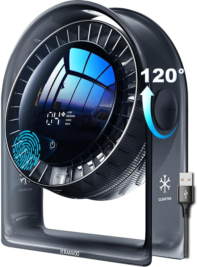 2026 New Desk Fan, Quiet Air Circulator Mini Fan for Bedroom, Portable Smart Display USB Fan, 4 Speeds Strong Airflow