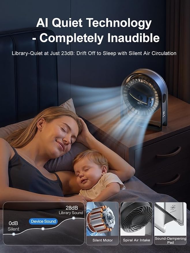 2026 New Desk Fan, Quiet Air Circulator Mini Fan for Bedroom, Portable Smart Display USB Fan, 4 Speeds Strong Airflow
