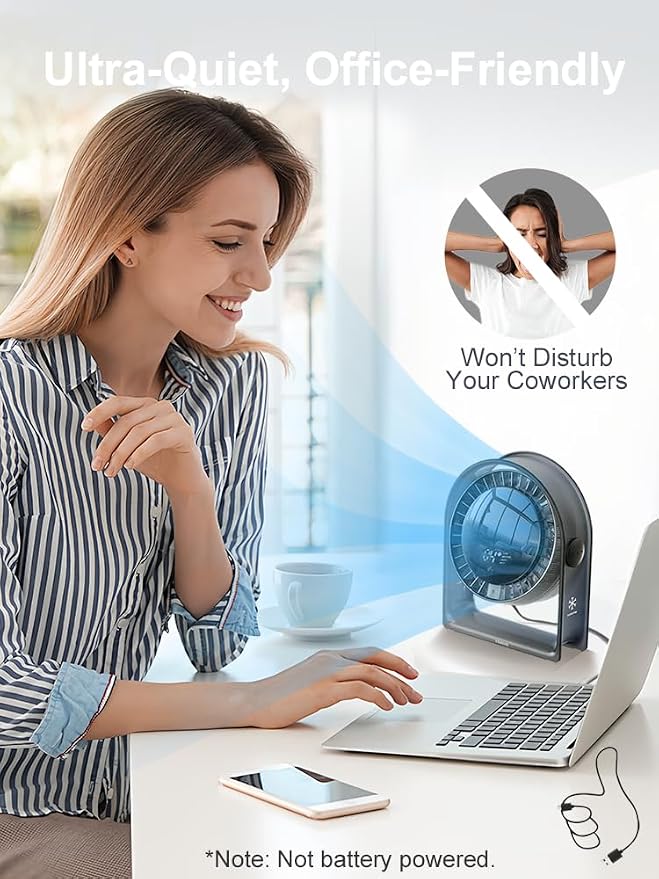 2026 New Desk Fan, Quiet Air Circulator Mini Fan for Bedroom, Portable Smart Display USB Fan, 4 Speeds Strong Airflow
