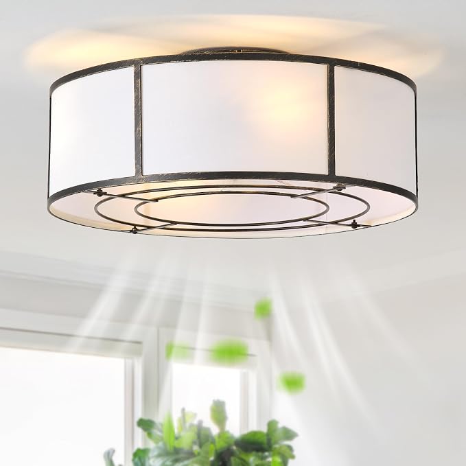 20inch Low Profile Caged Ceiling Fans with Lights, Flush Mount Ceiling Fan with Lights and Remote, Bladeless Modern Enclosed