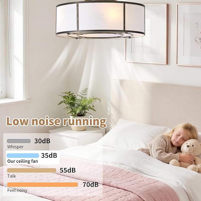 20inch Low Profile Caged Ceiling Fans with Lights, Flush Mount Ceiling Fan with Lights and Remote, Bladeless Modern Enclosed