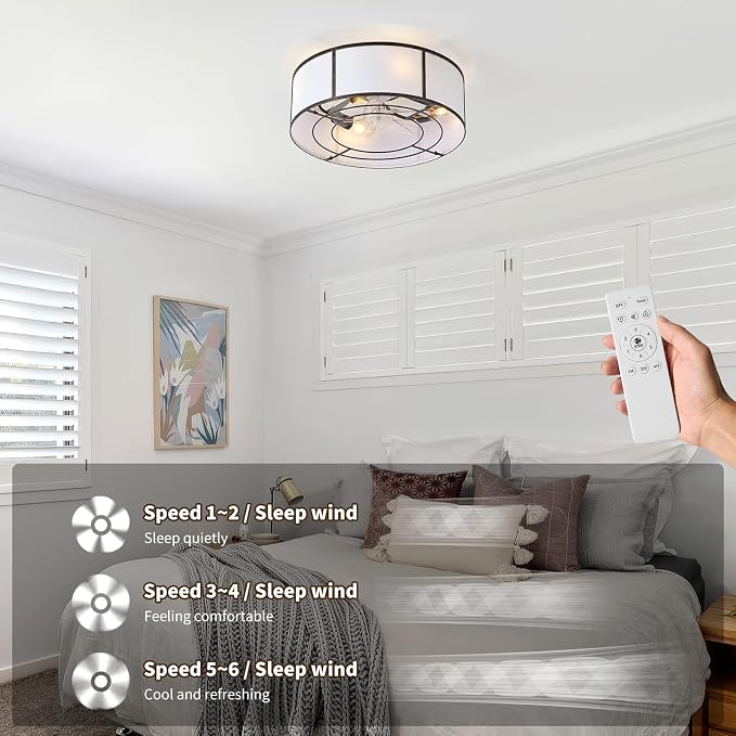 20inch Low Profile Caged Ceiling Fans with Lights, Flush Mount Ceiling Fan with Lights and Remote, Bladeless Modern Enclosed