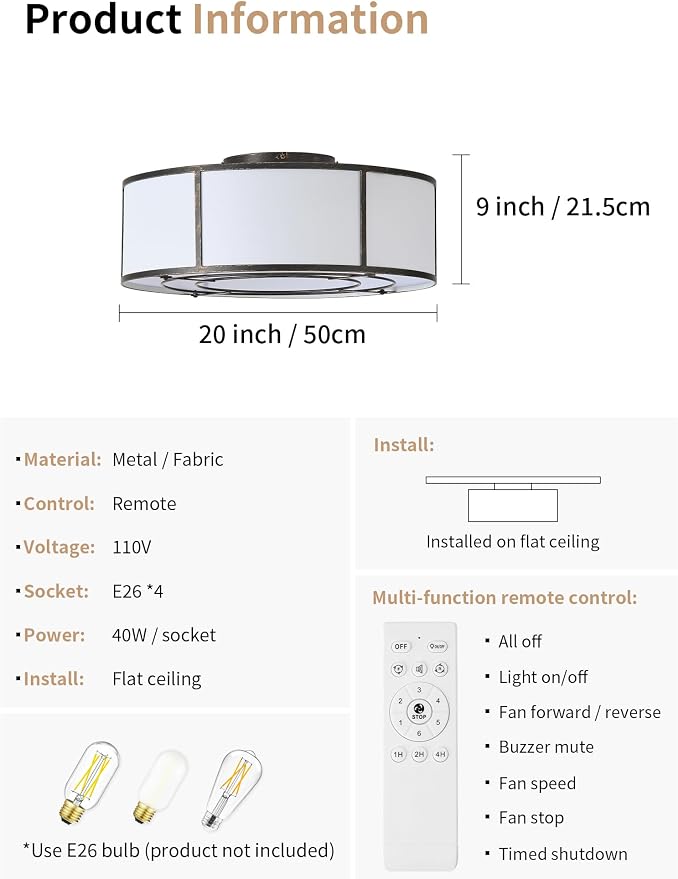 20inch Low Profile Caged Ceiling Fans with Lights, Flush Mount Ceiling Fan with Lights and Remote, Bladeless Modern Enclosed