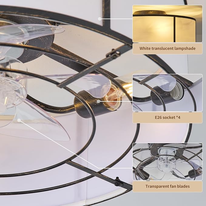 20inch Low Profile Caged Ceiling Fans with Lights, Flush Mount Ceiling Fan with Lights and Remote, Bladeless Modern Enclosed