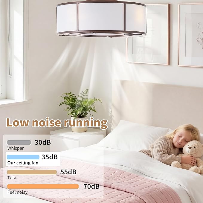 20inch Low Profile Caged Ceiling Fans with Lights, Flush Mount Ceiling Fan with Lights and Remote, Bladeless Modern Enclosed