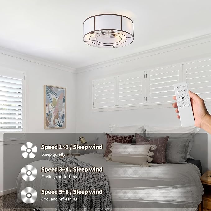 20inch Low Profile Caged Ceiling Fans with Lights, Flush Mount Ceiling Fan with Lights and Remote, Bladeless Modern Enclosed