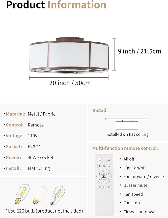 20inch Low Profile Caged Ceiling Fans with Lights, Flush Mount Ceiling Fan with Lights and Remote, Bladeless Modern Enclosed