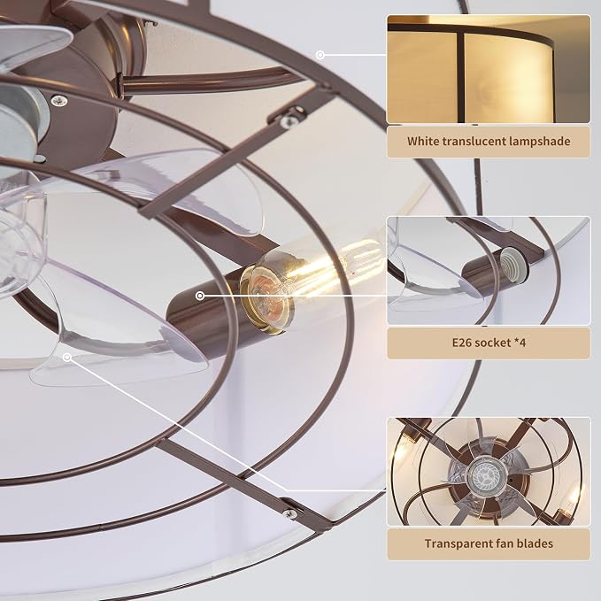 20inch Low Profile Caged Ceiling Fans with Lights, Flush Mount Ceiling Fan with Lights and Remote, Bladeless Modern Enclosed