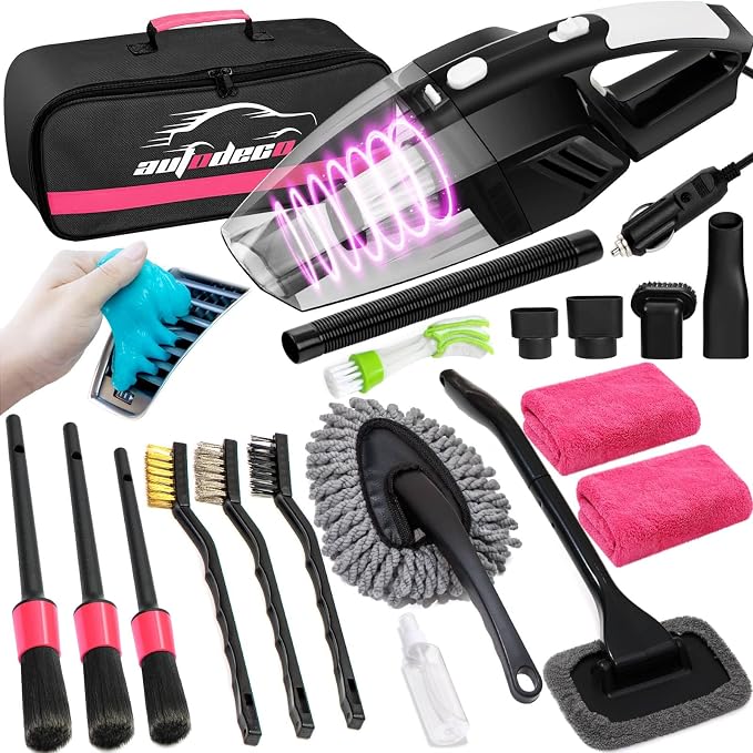 20Pcs Car Cleaning Wash Kit Interior Detailing Cleaner Kit with High Power Handheld Vacuum, Brush Set, Windshield Tool