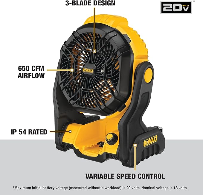 20V MAX Portable Fan, Battery Powered Rechargeable Cordless Shop Fan, Up to 4.5 Hrs Runtime, Variable Speed, 650 CFM, Tool