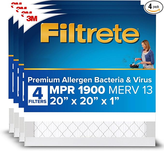 20x20x1 AC Furnace Air Filter, MERV 13, MPR 1900, Premium Allergen, Bacteria & Virus Filter, 3-Month Pleated 1-Inch