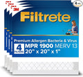 20x20x1 AC Furnace Air Filter, MERV 13, MPR 1900, Premium Allergen, Bacteria & Virus Filter, 3-Month Pleated 1-Inch