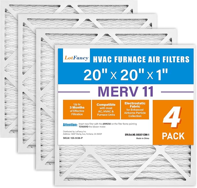 20x20x1 Air Filter MERV 11 4-Pack, Electrostatic Pleated AC Furnace Air Filter, Captures Dust, Smog & Pet Dander, Actual