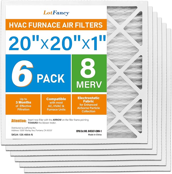 20x20x1 Air Filter MERV 8 6-Pack, Electrostatic Pleated Furnace & AC Filter, Captures Dust, Pet Hair, Pollen, Actual Size