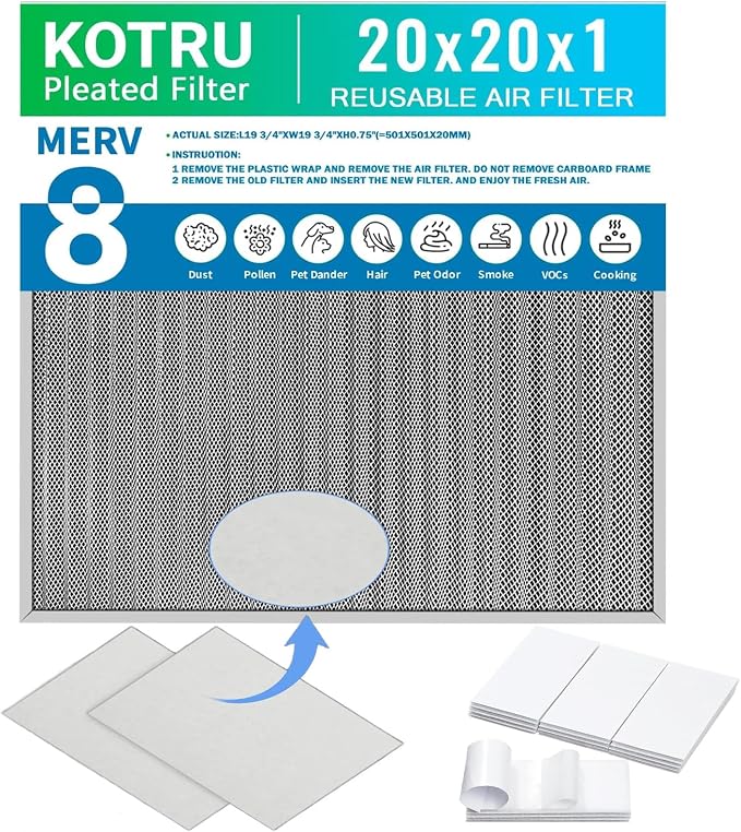 20x20x1 Air Filter, Reusable Air Filter - MERV 8, Washable Aluminum Permanent Electrostatic Filter - Long Service Life