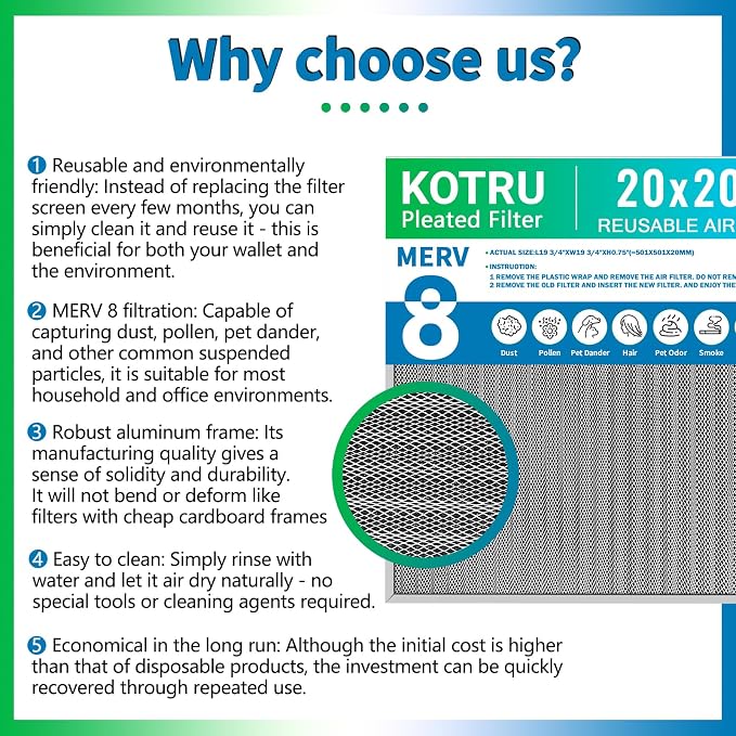 20x20x1 Air Filter, Reusable Air Filter - MERV 8, Washable Aluminum Permanent Electrostatic Filter - Long Service Life