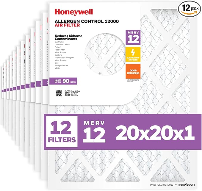 20x20x1 MERV 12 Electrostatic Pleated HVAC AC Furnace Air Filter (12-Pack) | Replacement Filter for Home Use | Made in USA