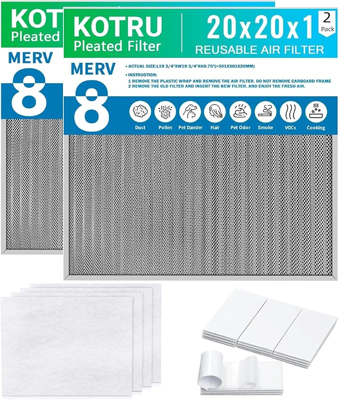 20x20x1 Reusable Air Filter Kit: Includes 4 replaceable MERV 13 filter pads and MERV 8 electrostatic aluminum mesh filter