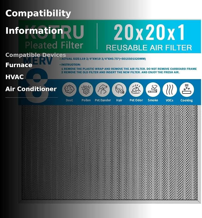 20x20x1 Reusable Air Filter Kit: Includes 4 replaceable MERV 13 filter pads and MERV 8 electrostatic aluminum mesh filter