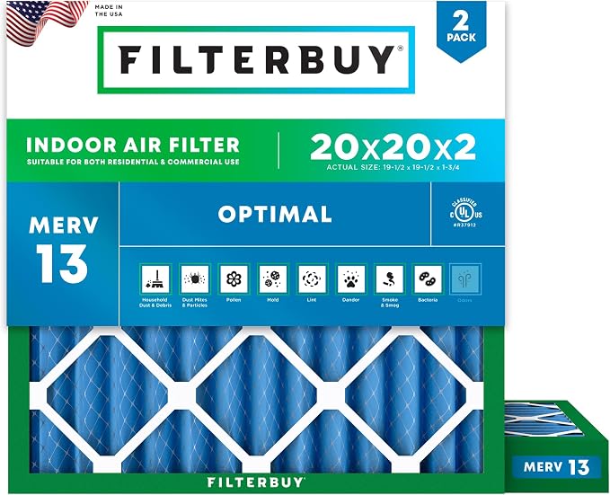 20x20x2 Air Filter MERV 13 Optimal Smoke & Allergy Defense (2-Pack), Electrostatic Pleated HVAC AC Furnace Filters