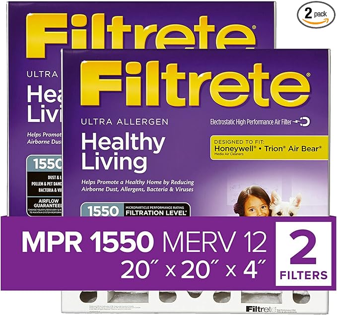 20x20x4, AC Furnace Air Filter, MPR 1550 DP, Healthy Living Ultra Allergen Deep Pleat, 2-Pack (Actual Dimensions 19.88 x