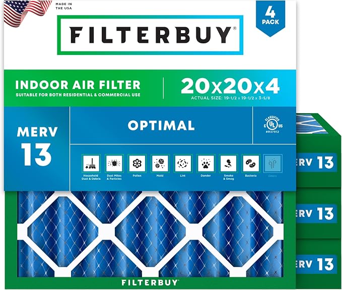 20x20x4 Air Filter MERV 13 Optimal Smoke & Allergy Defense (4-Pack), Electrostatic Pleated HVAC AC Furnace