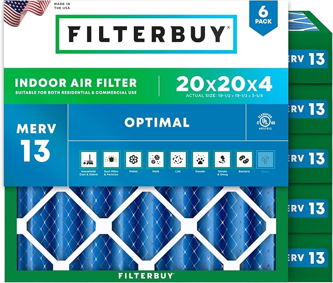 20x20x4 Air Filter MERV 13 Optimal Smoke & Allergy Defense (6-Pack), Electrostatic Pleated HVAC AC Furnace